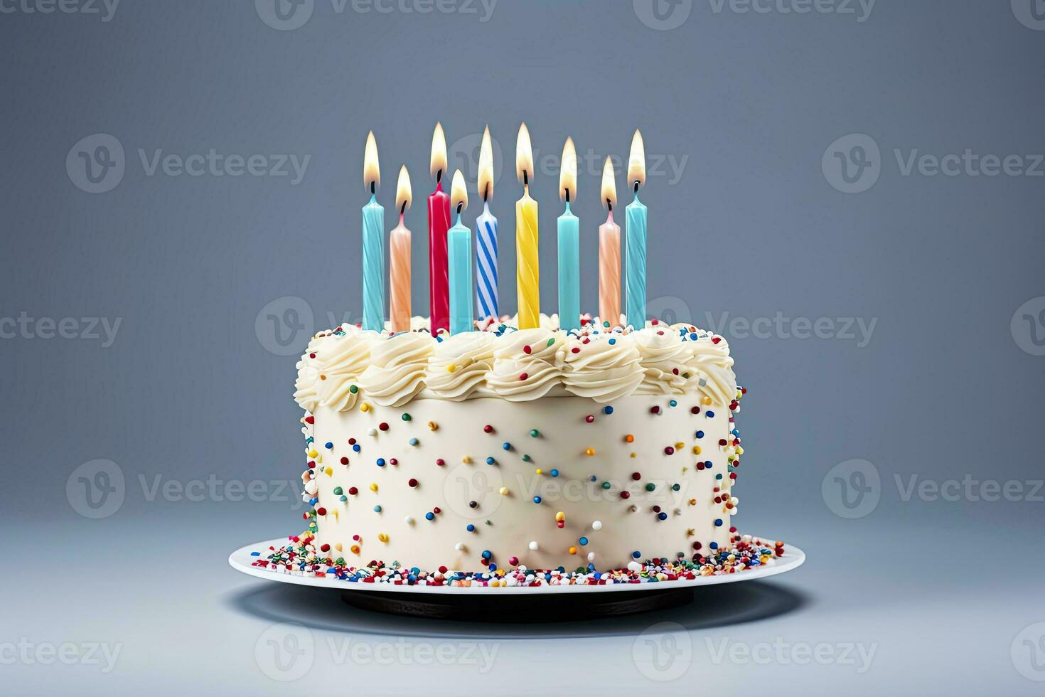 AI generated Colourful birthday cake with candles. AI Generated photo