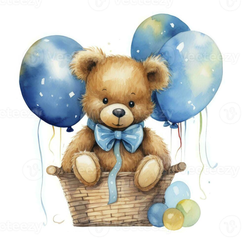 AI generated A watercolor baby teddy bear is sitting in the basket with blue and gold balloons. AI Generated photo