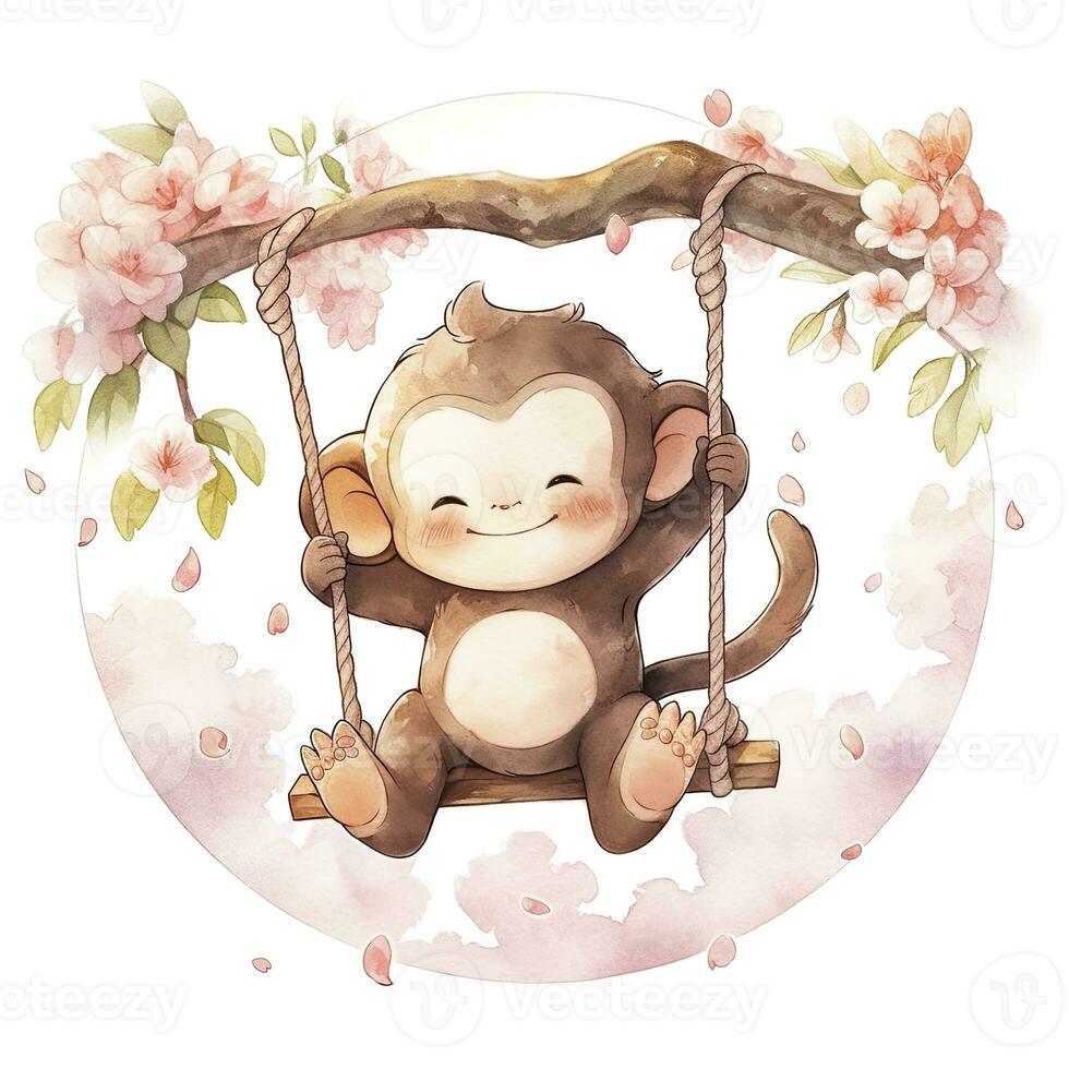 AI generated Cute happy baby monkey on swings on a tree in watercolor. AI Generated photo