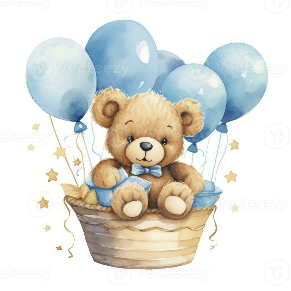 AI generated A watercolor baby teddy bear is sitting in the basket with blue and gold balloons. AI Generated photo