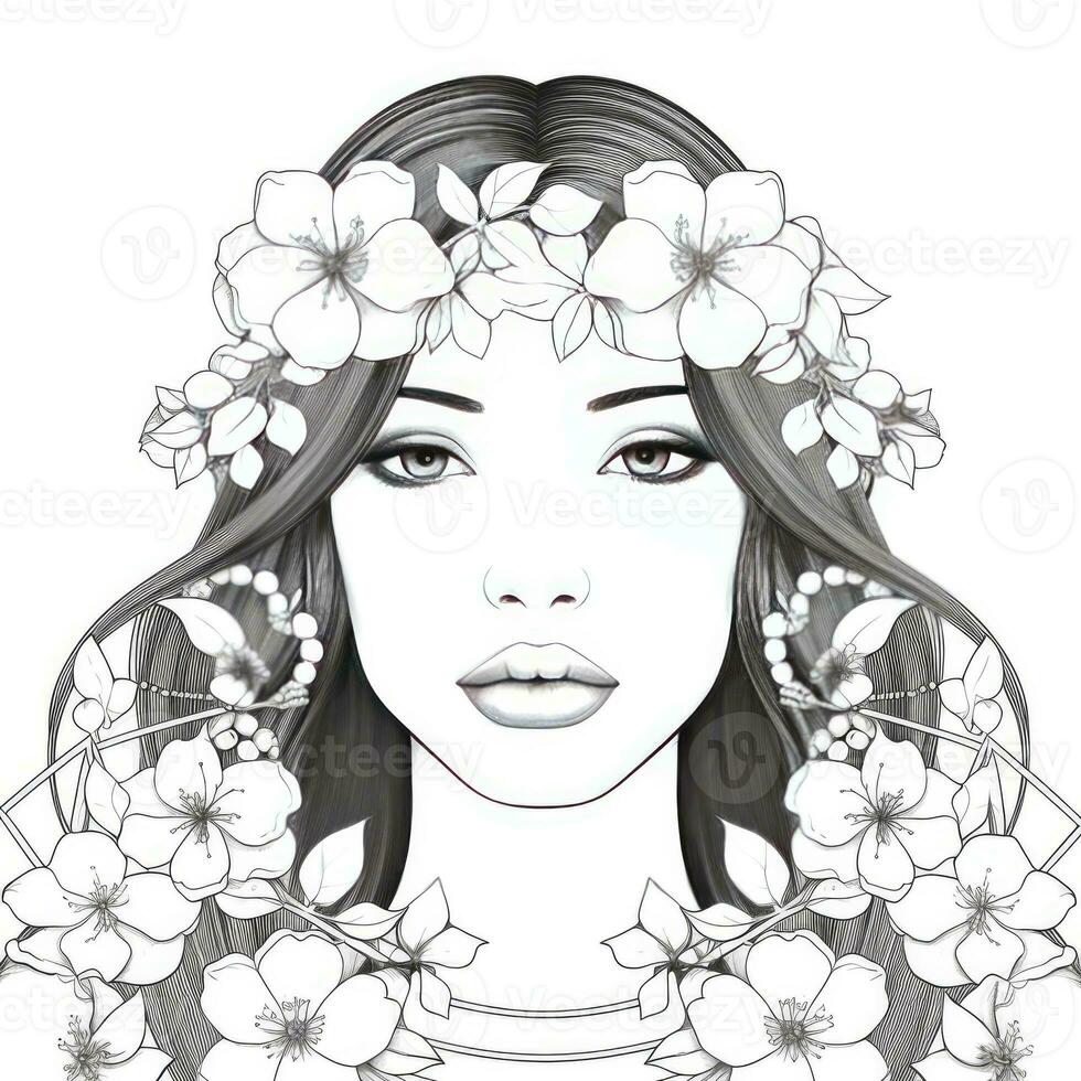 AI generated A girl on a coloring book page with Jasmine flowers. AI Generated photo