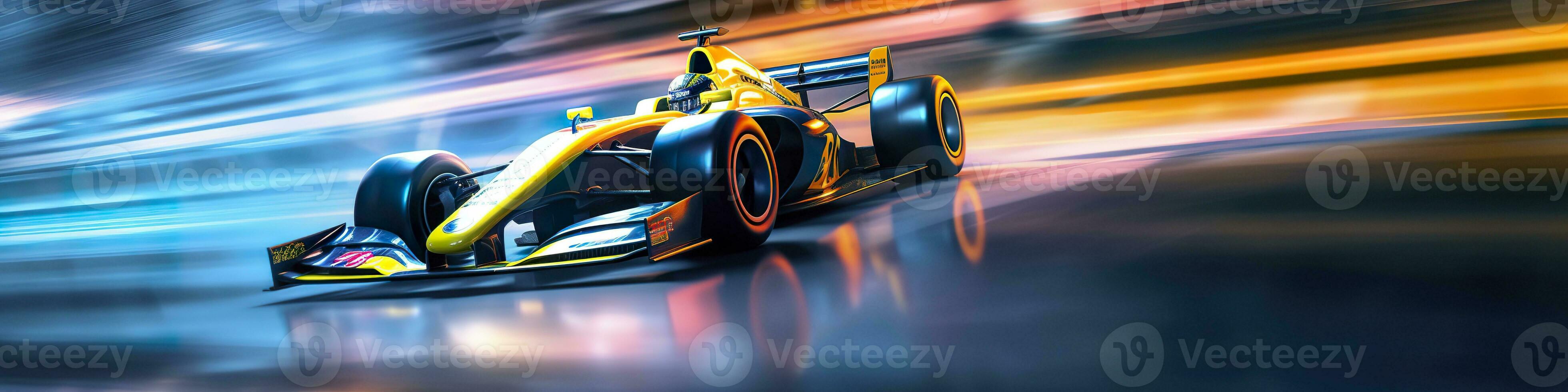 AI generated Racing car at high speed. Racer on a racing car passes the track. Motor sports competitive team racing. Motion blur background. Generative AI photo