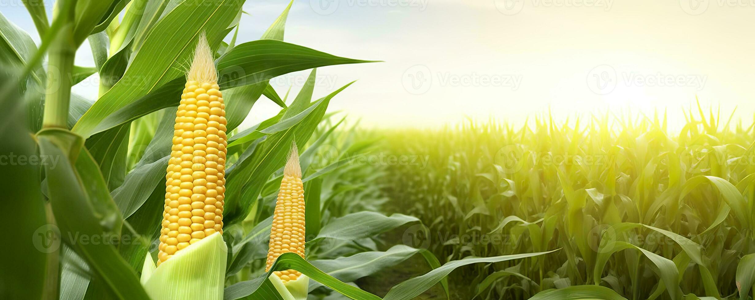 AI generated Closeup corn cobs in corn plantation field. Generative AI photo