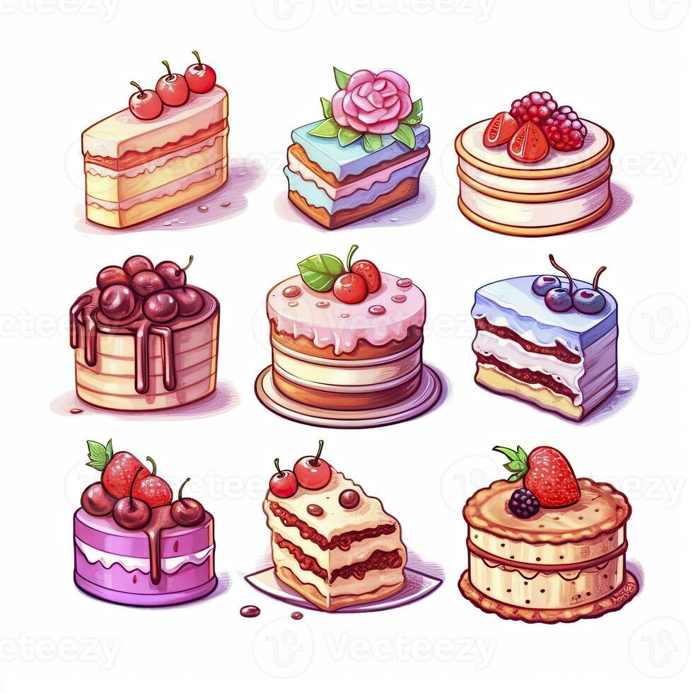 AI generated Set of Cake piece illustration on white background. AI Generated photo