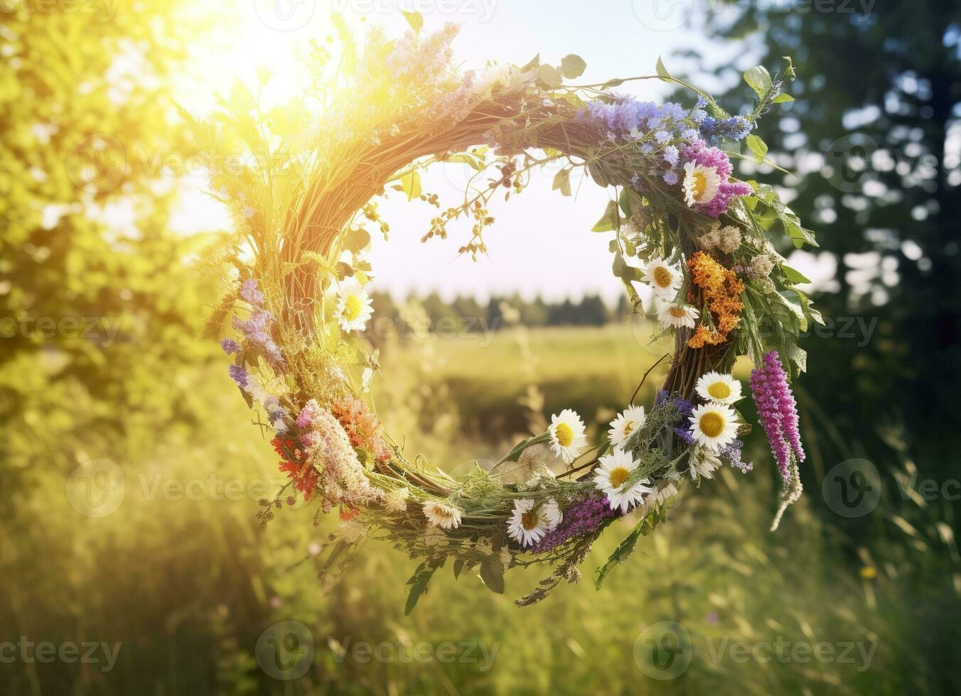 AI generated Rustic wildflowers wreath on a sunny meadow. Summer Solstice Day, Midsummer concept. Generative AI photo