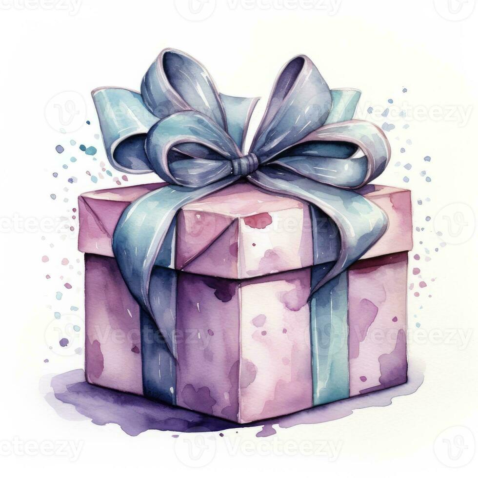 AI generated Watercolor birthday present with bow isolated on white background.  AI Generated photo