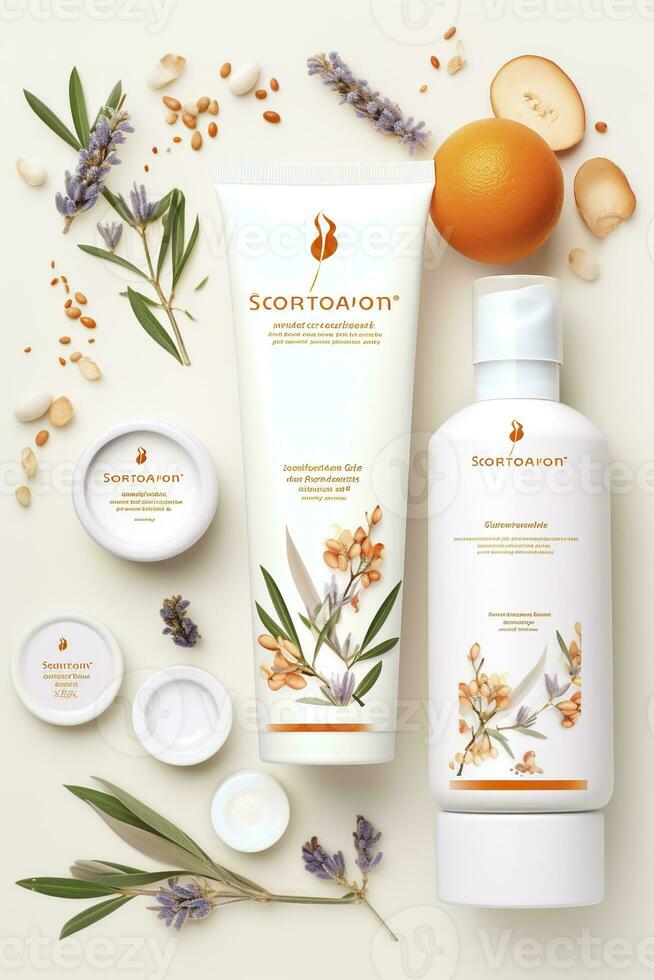 AI generated Beautiful flyer to present a store that sells products, body care, soap, cream, oil. Generative AI photo