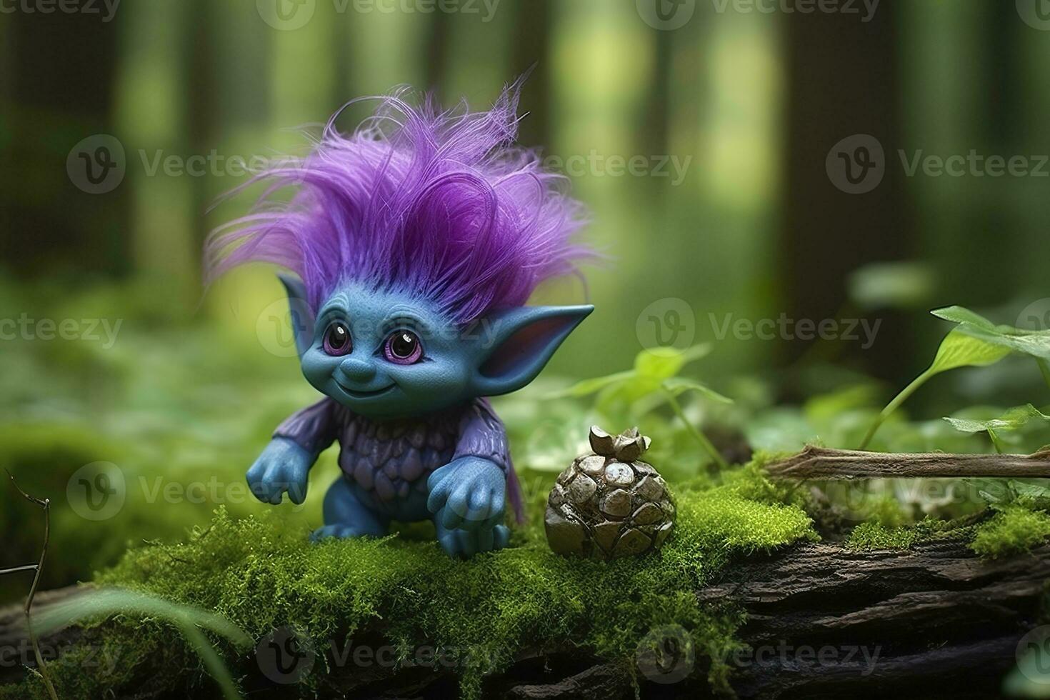 AI generated Tale troll with crystals in the forest, natural green background. Generative AI photo