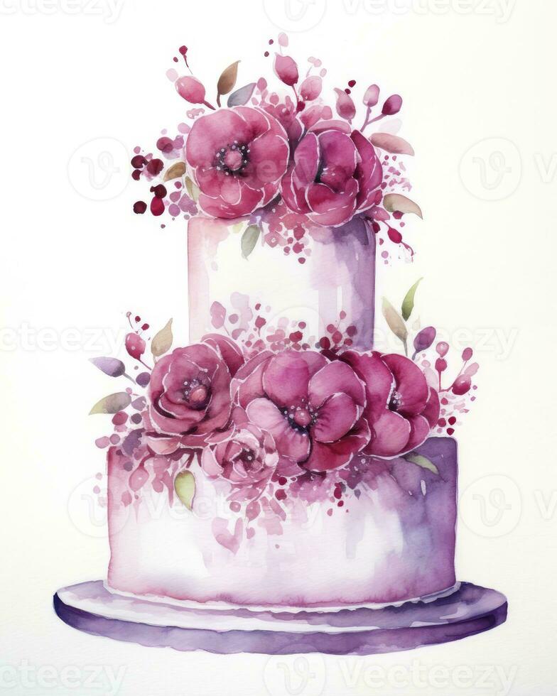 AI generated Watercolor wedding cake isolated on white background.  AI Generated photo