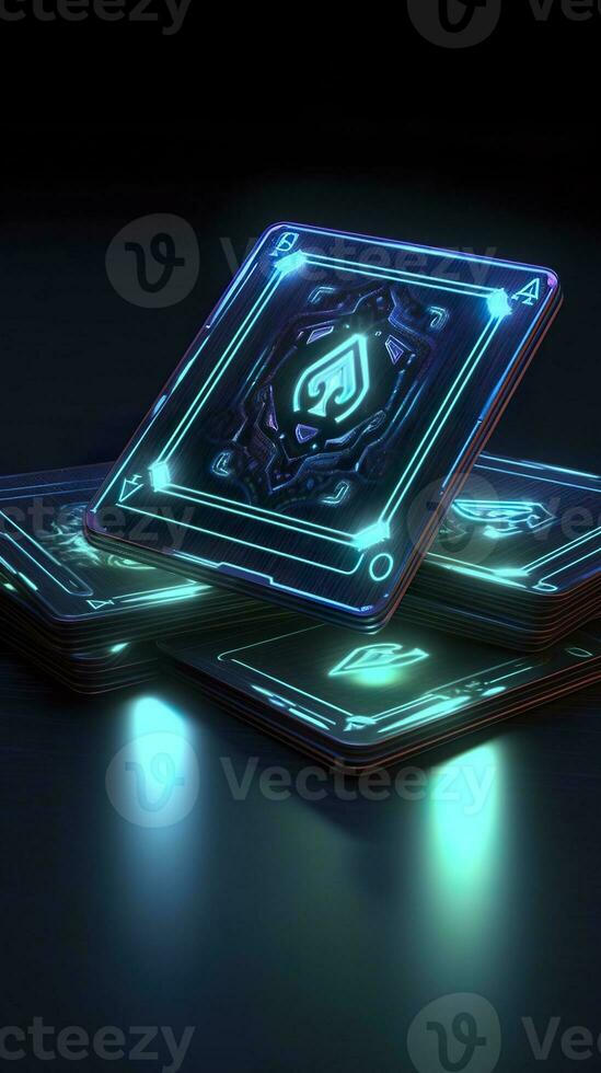 AI generated Some playing cards with glowing neon designs on a tablet. Generative AI photo