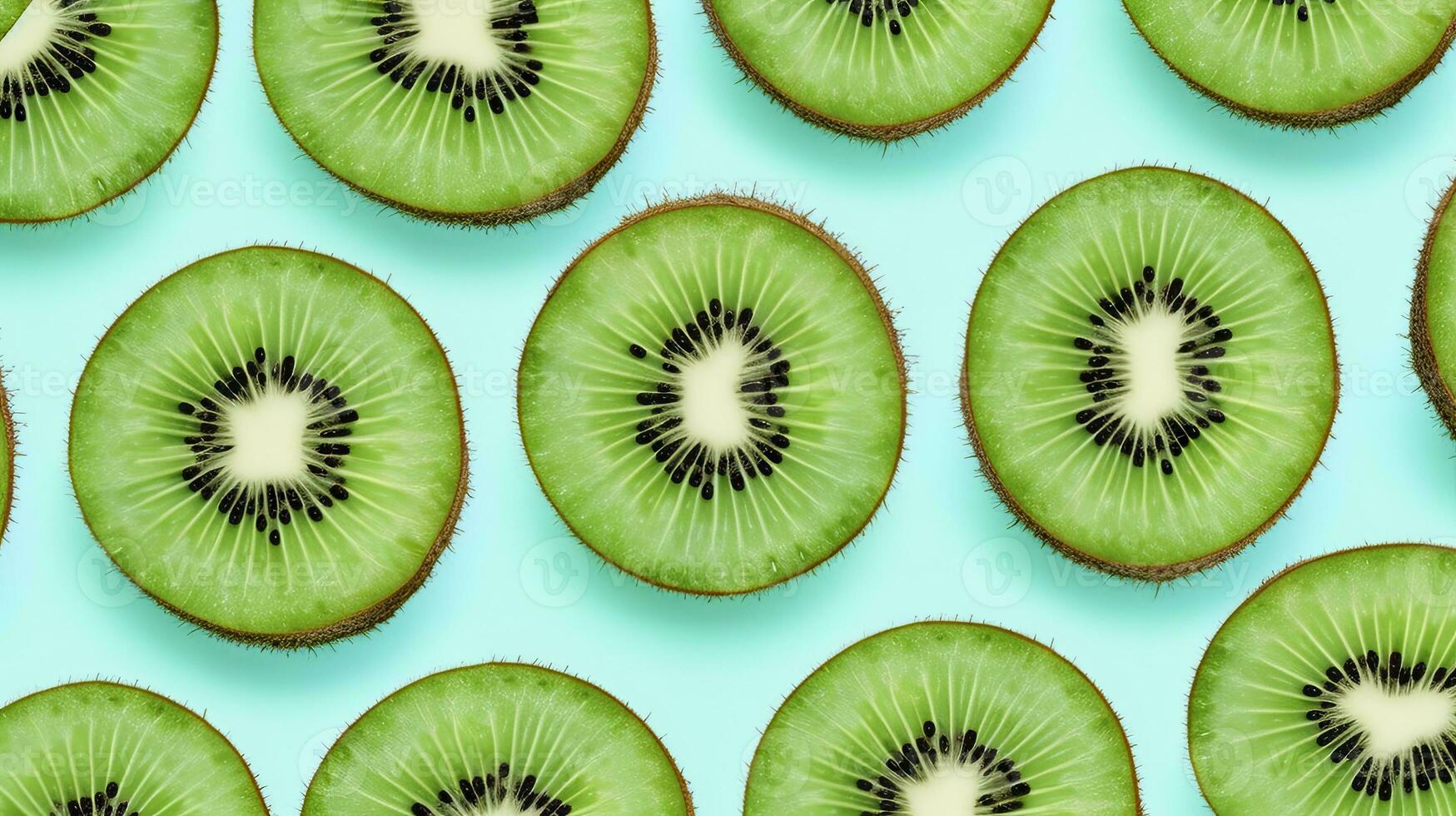 AI generated Slices of kiwi fruit and green mint leaves on a light pastel blue background. AI Generated photo