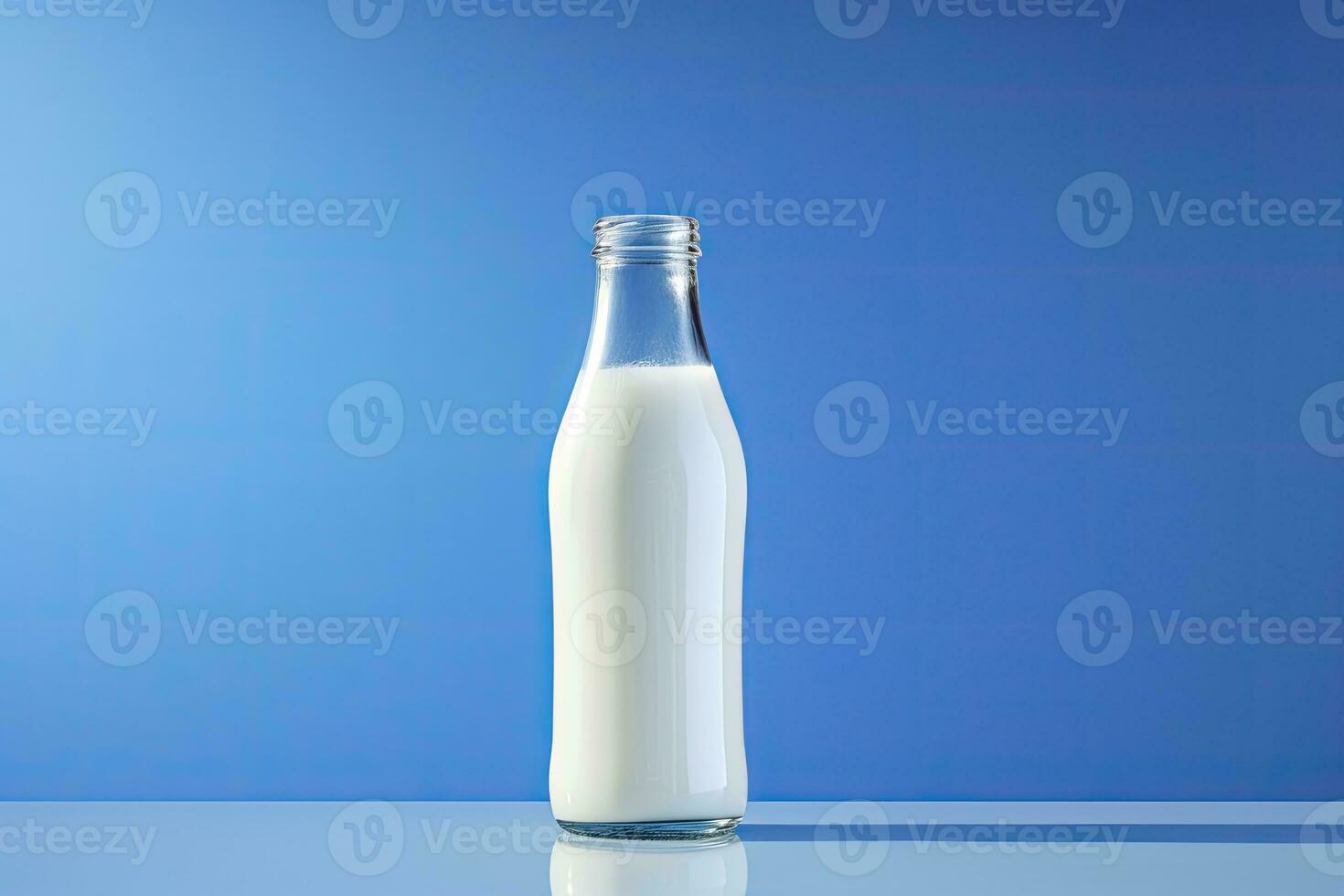 AI generated A glass bottle with full milk on blue background. AI Generated photo