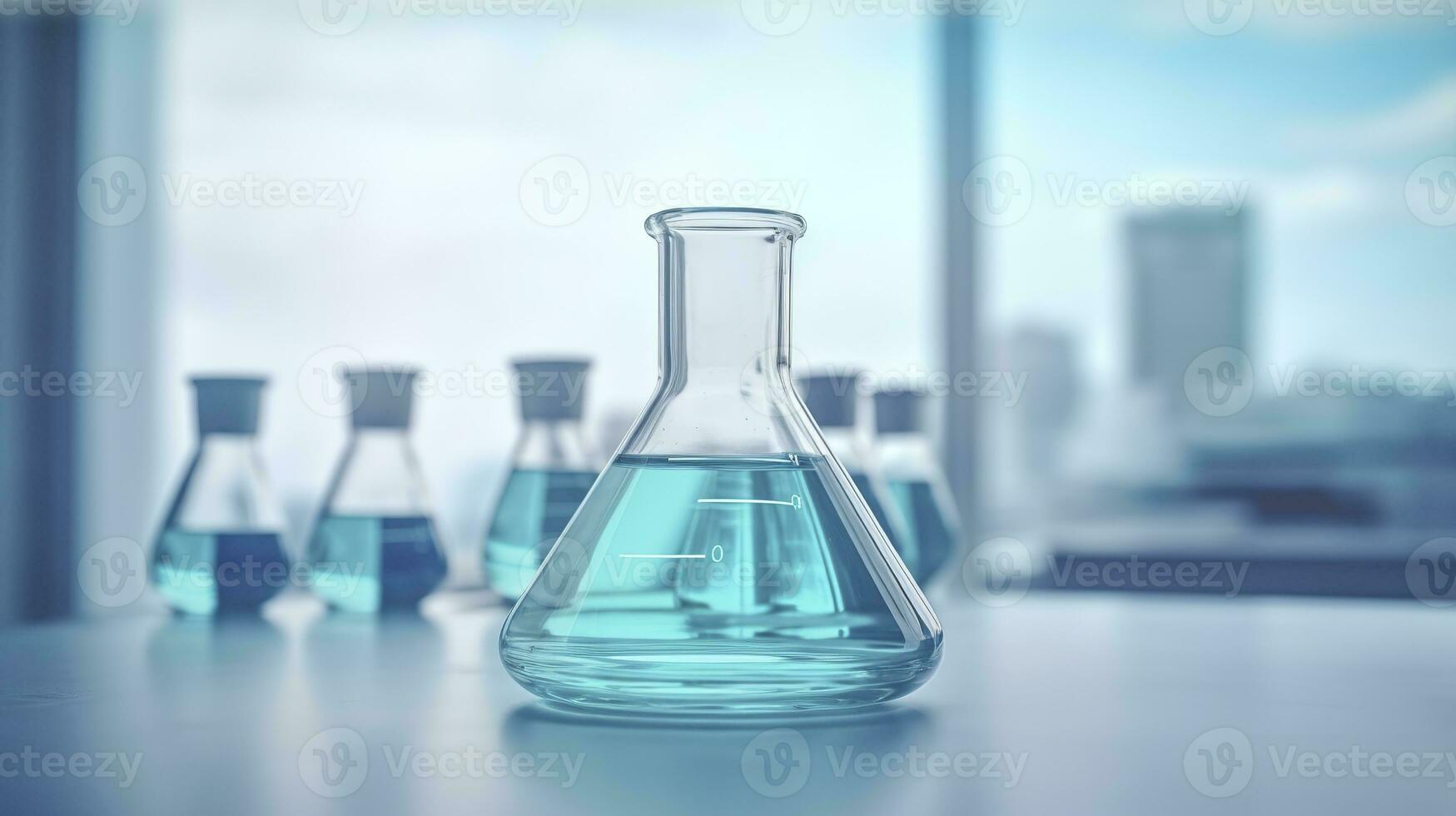 AI generated A Science Beaker in the laboratory on a table white and light blue background.. laboratory equipment out of focus. AI Generative photo