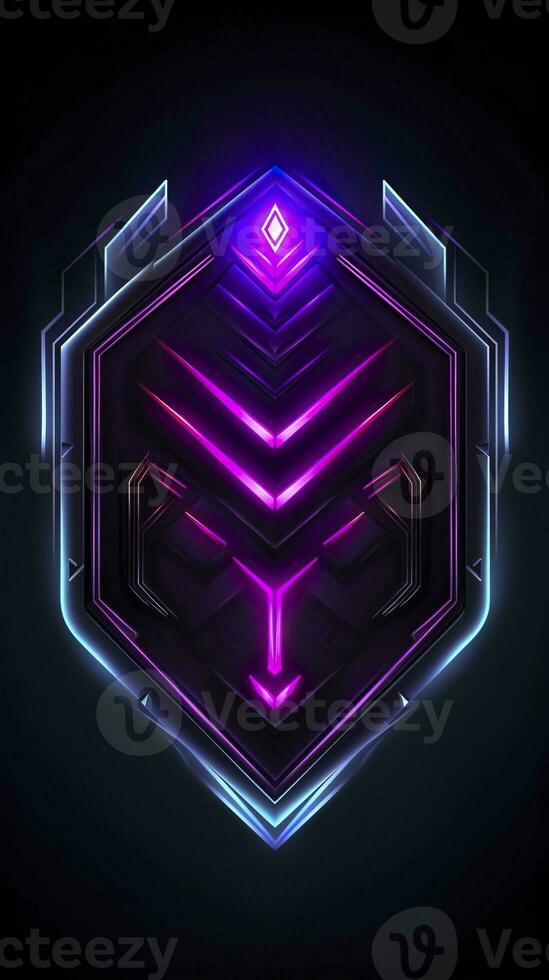 AI generated Amethyst 3D Minimalist Shield Design with a black or dark background with neon lines. AI Generative photo