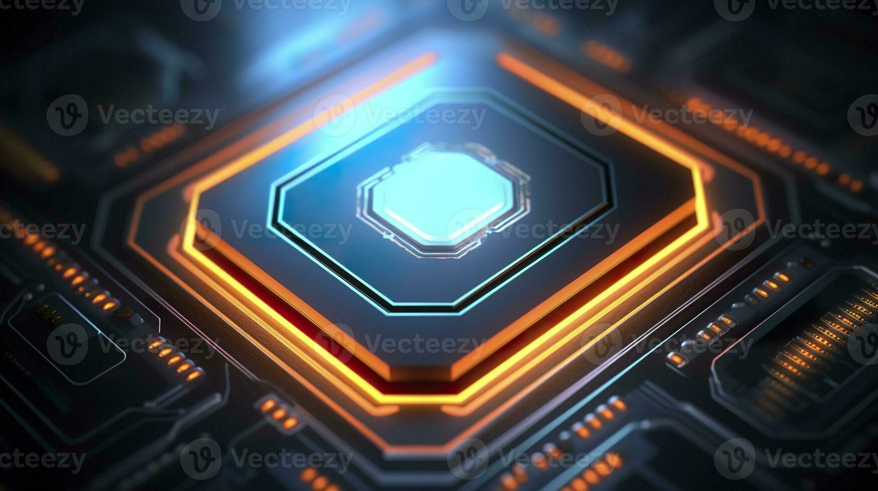 AI generated Top View of a Chip with Glowing Light and Fog in Orange and Blue. AI Generative photo