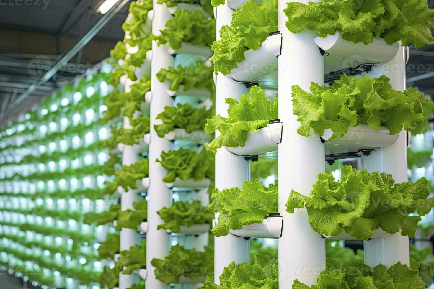 AI generated Vertical Hydroponic Plant System With Cultivated Lettuces. AI Generated photo