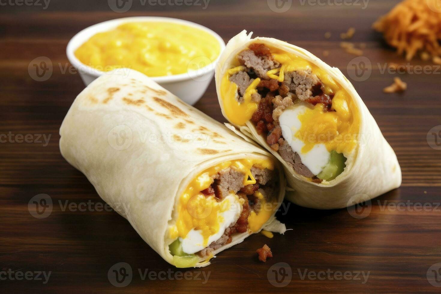 ai generado desayuno burrito con embutido, huevos, hashbrown y queso. ai generado foto