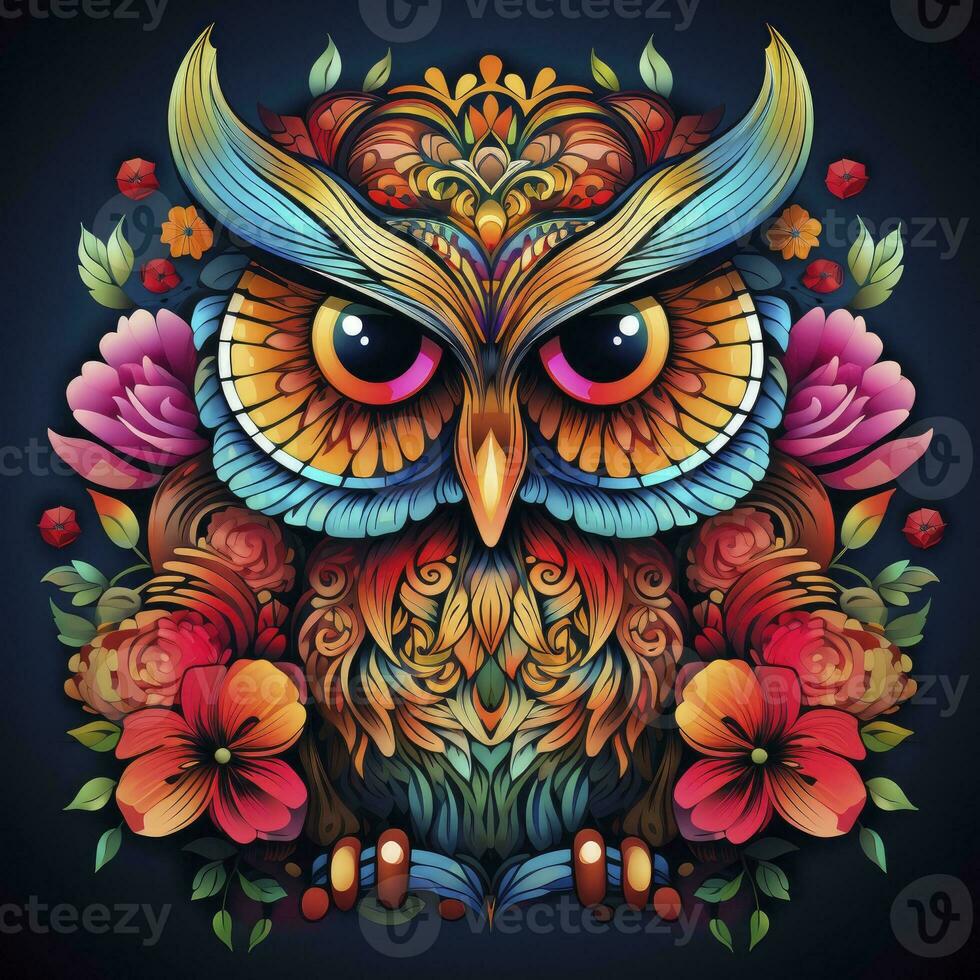 AI generated Multicolored mandala owl coloring page for adults. AI Generated photo