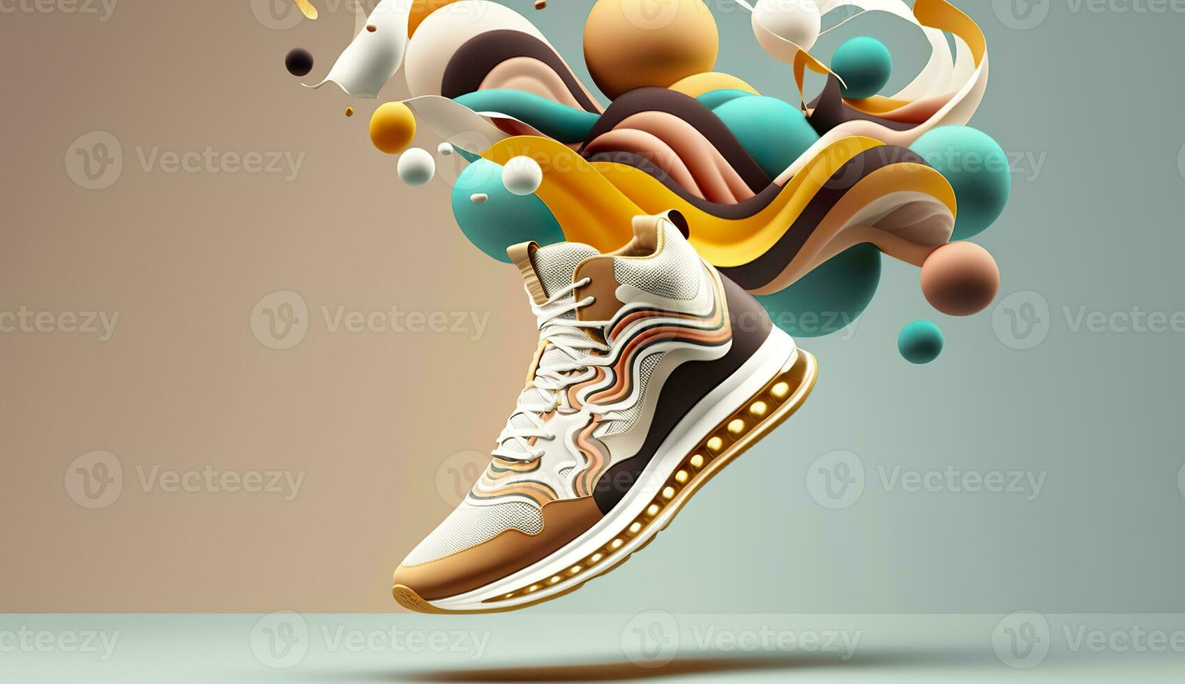 AI generated Flying trendy sneakers on creative colorful background, Stylish fashionable concept. AI Generated photo