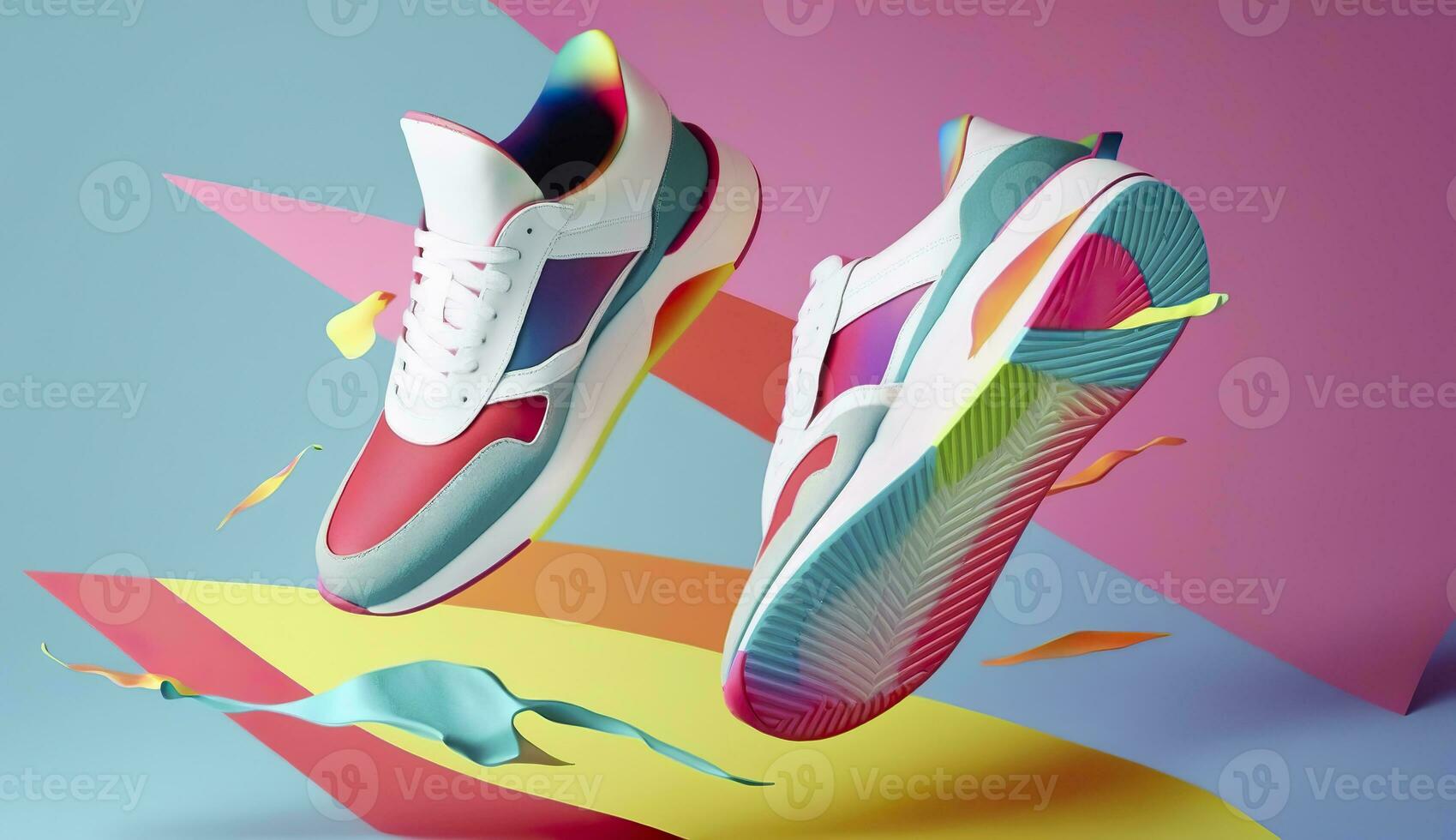 AI generated Flying trendy sneakers on creative colorful background, Stylish fashionable concept. AI Generated photo