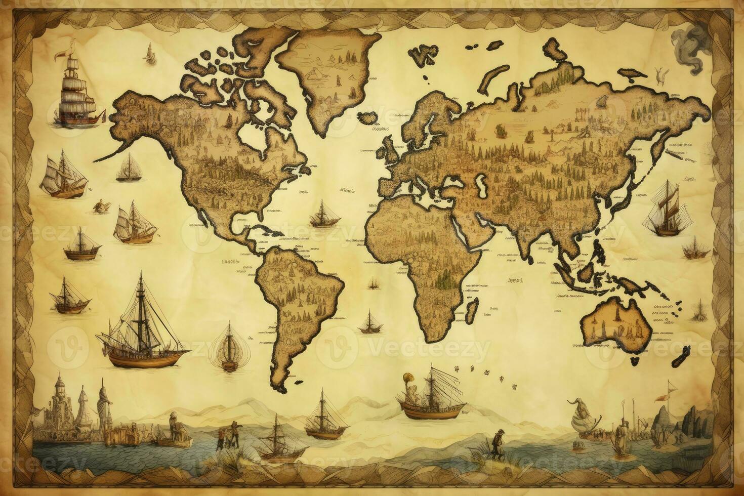 AI generated Great detailed illustration of the world map in vintage style. AI Generated photo