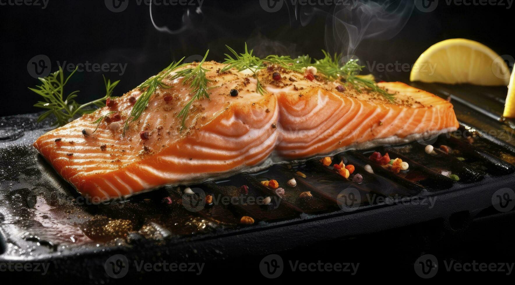 AI generated Gourmet cutlet of fresh salmon seasoned with herbs, spices, and lemon zest grilling on a griddle. AI Generated. photo