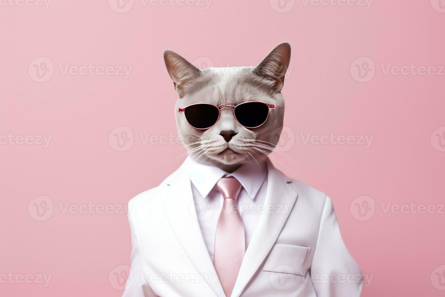 AI generated A cat is wearing sunglasses and suit on Pink Background. AI Generated photo