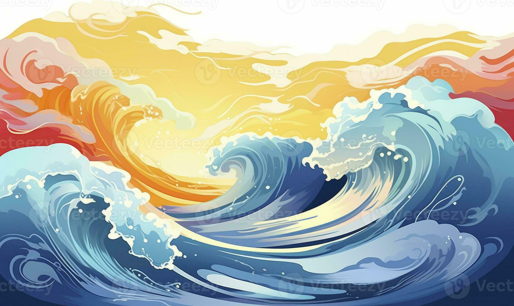 AI generated Ocean wave sun clouds, blue yellow abstract ocean wave. AI Generated. photo