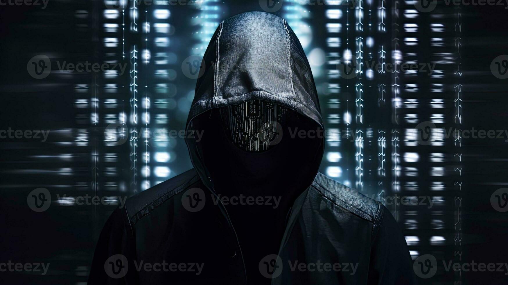 AI generated Binary Intrigue. Anonymous robotic hacker. Concept of hacking. AI Generated photo