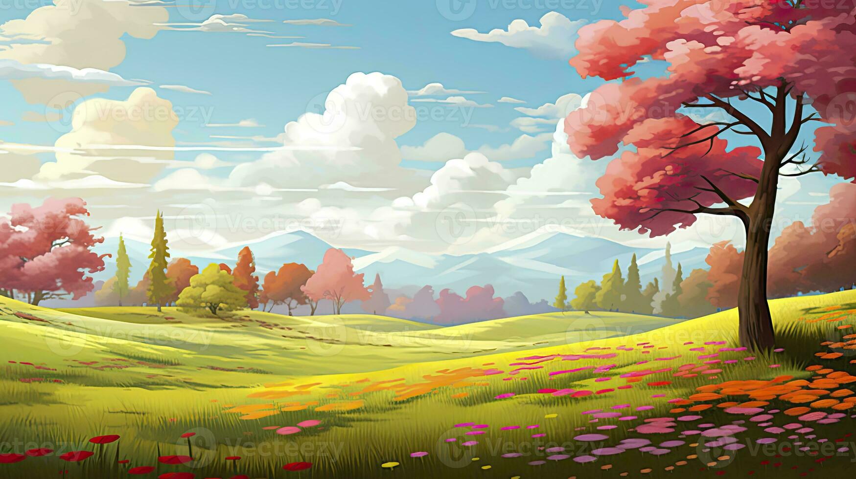 AI generated Spring season with colorful flowers and trees in a pretty meadow or field. AI Generated. photo