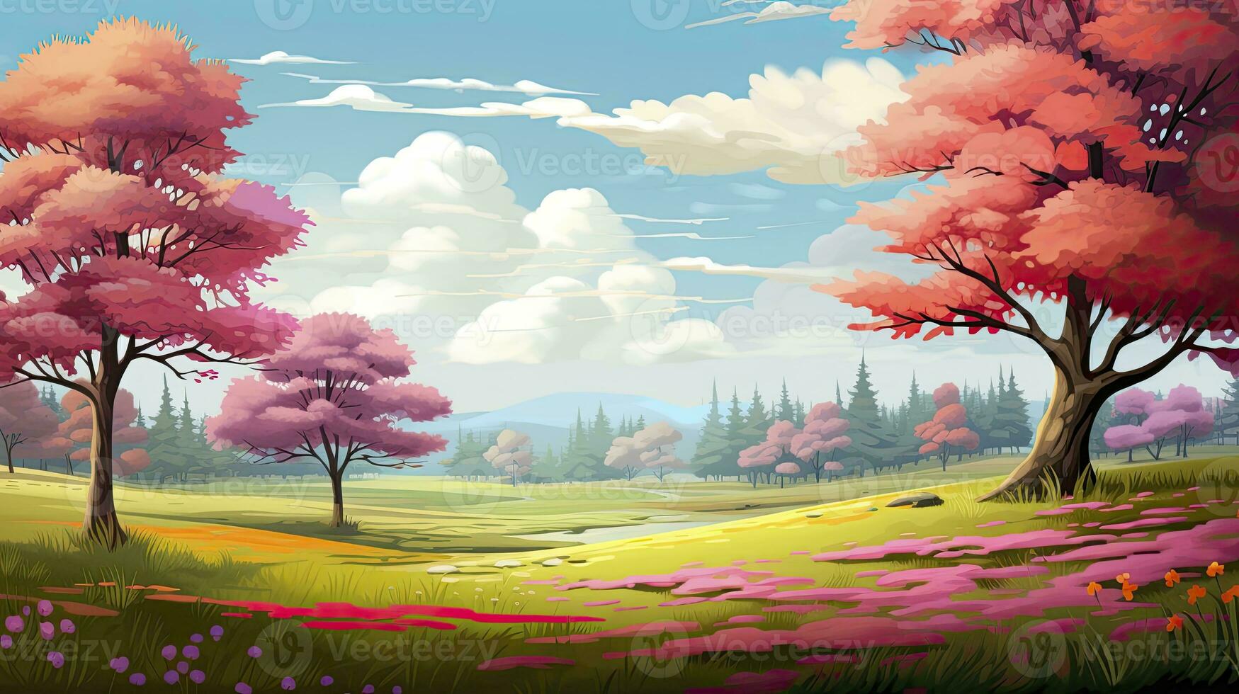 AI generated Spring season with colorful flowers and trees in a pretty meadow or field. AI Generated. photo