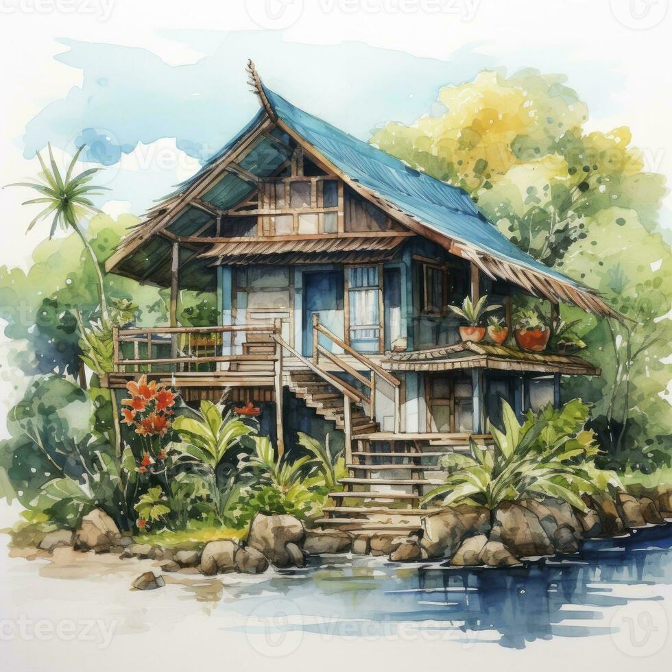 AI generated A watercolored bright serene image of a traditional bahay kubo. AI Generated photo