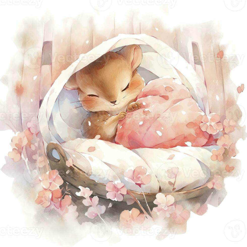 AI generated A sleepy baby squirrel in a bedding. watercolor illustration. AI Generated photo