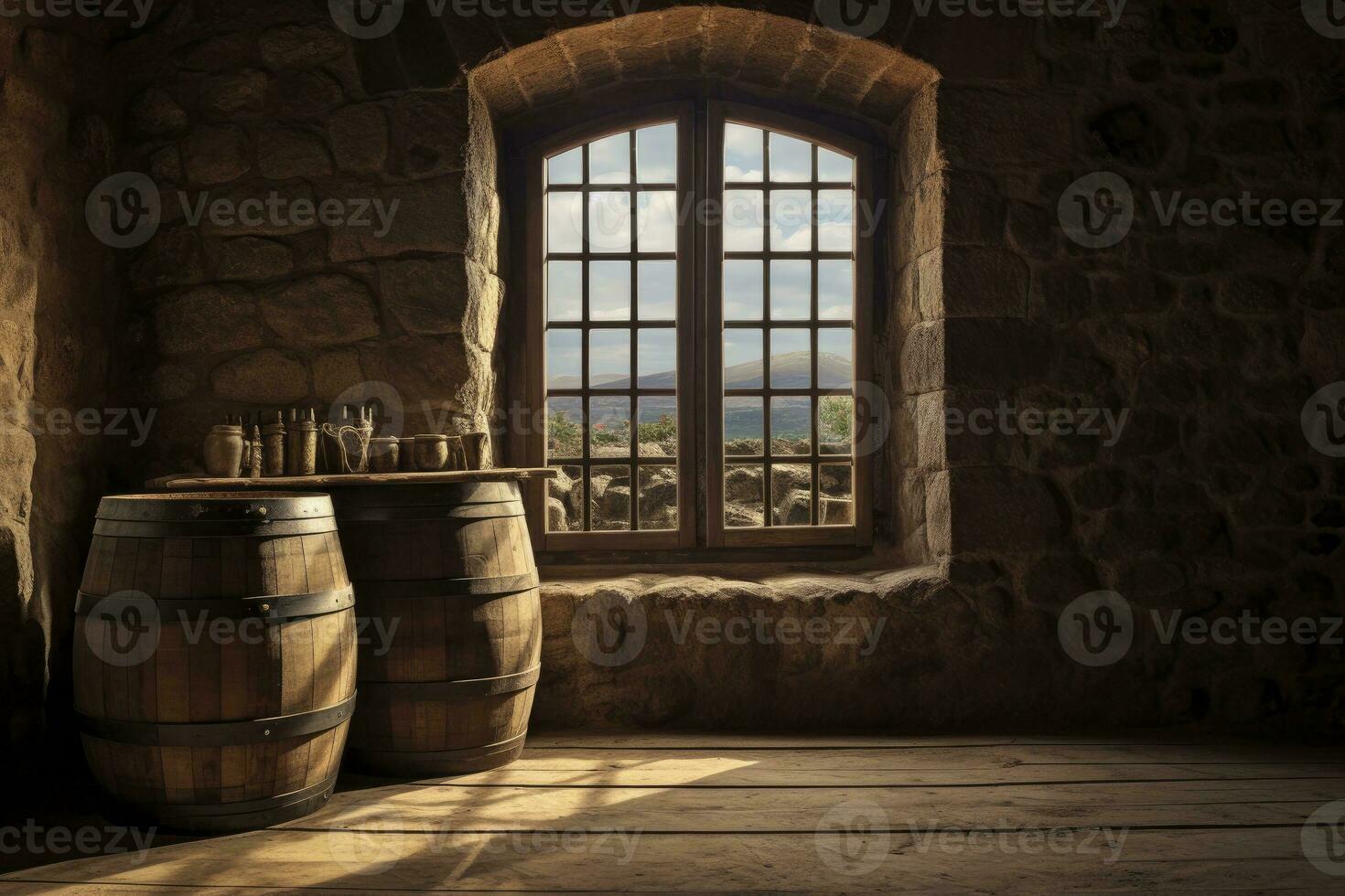 AI generated Barrel in an ancient castle beside the window. AI Generated photo