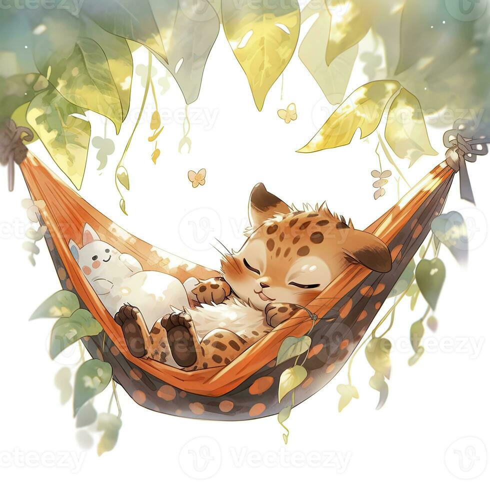 AI generated A sleepy baby leopard in a hammock. watercolor illustration. AI Generated photo
