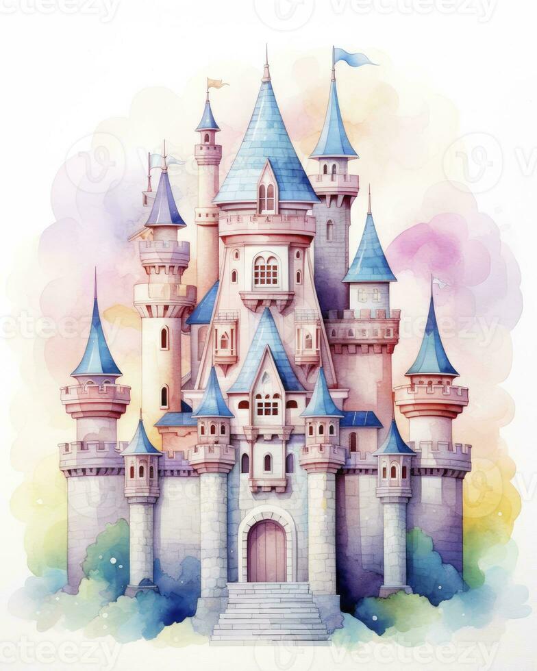 AI generated Colorful watercolor kawaii castle isolated on white background. AI Generated photo