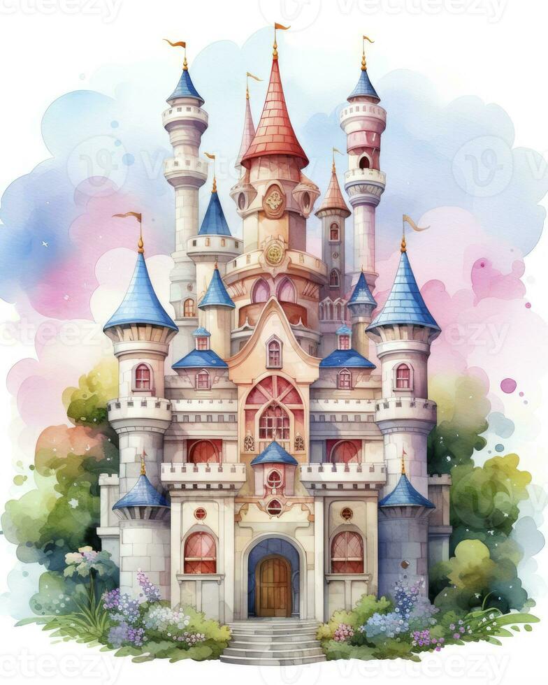 AI generated Colorful watercolor kawaii castle isolated on white background. AI Generated photo