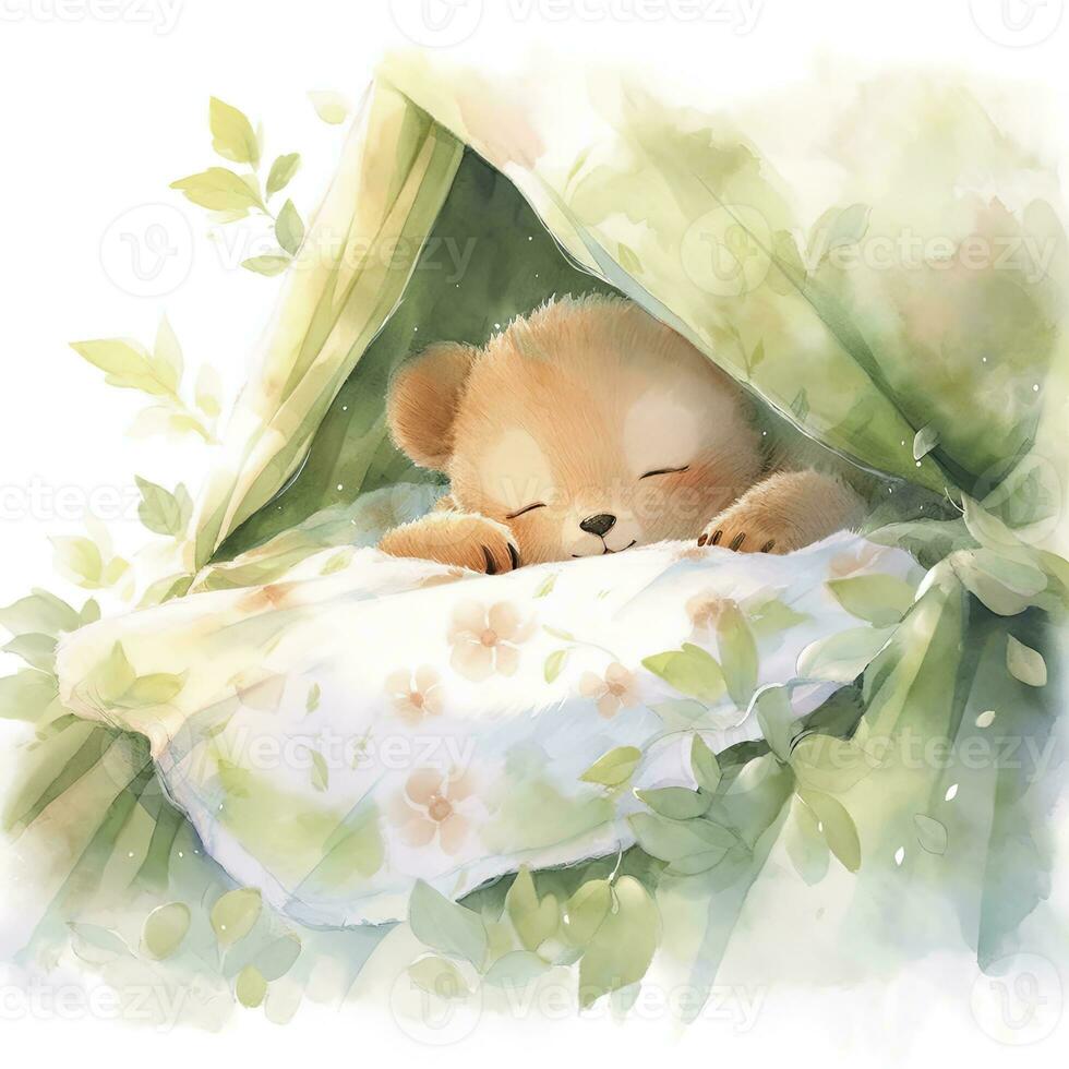 AI generated A sleepy baby bear in a bedding. watercolor illustration. AI Generated photo