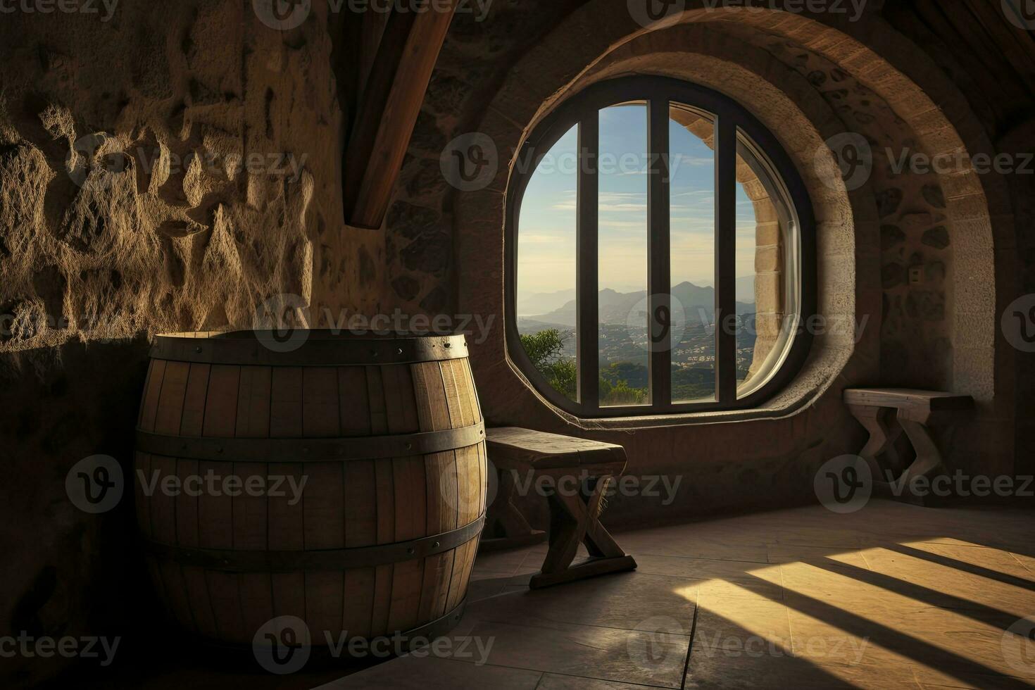 AI generated Barrel in an ancient castle beside the window. AI Generated photo