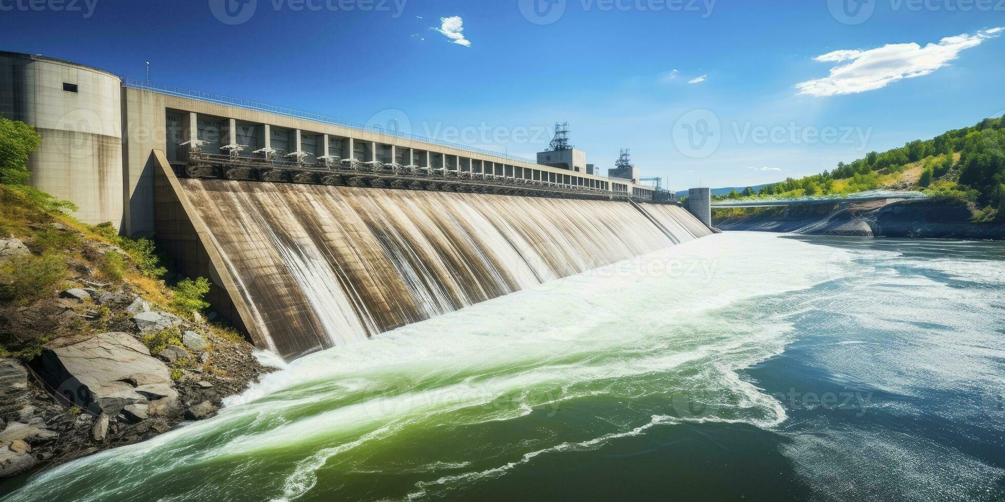 ai generado hidroeléctrico represa generando verde energía desde fluido agua. ai generado. foto