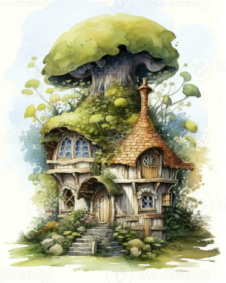 AI generated Watercolor mossy cottage isolated on white background. AI Generated photo