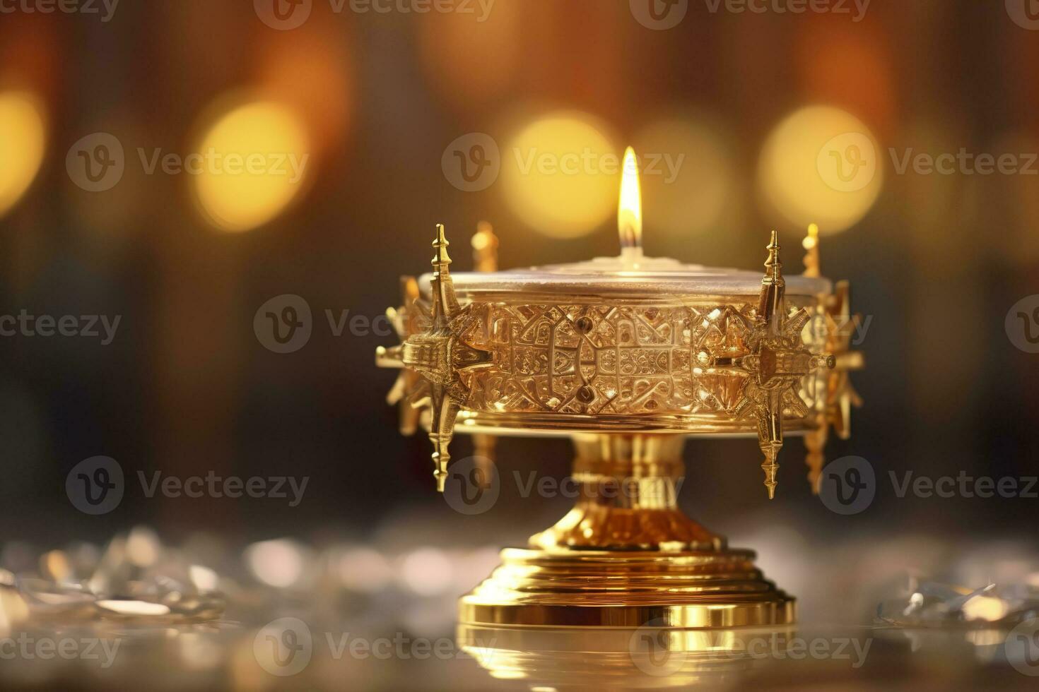 AI generated The golden monstrance with a little transparent crystal center, consecrated host. church defocused background. AI Generative photo