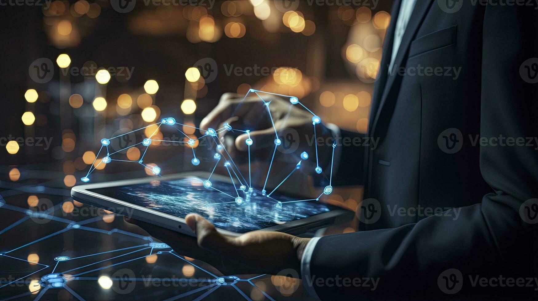 AI generated Navigating the Blockchain border. A businessman holds a tablet and looks at the virtual. AI Generated photo