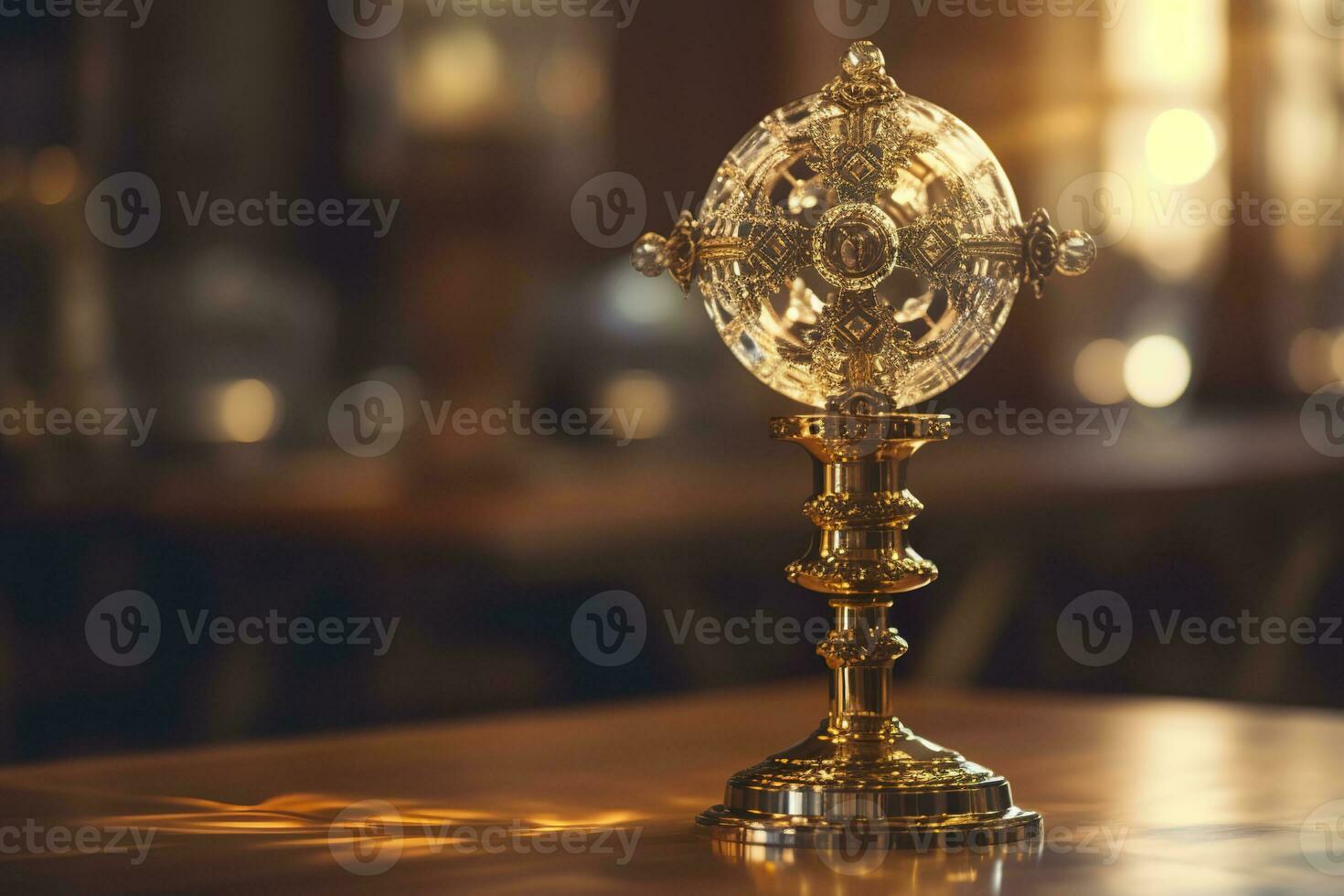 AI generated The golden monstrance with a little transparent crystal center, consecrated host. church defocused background. AI Generative photo