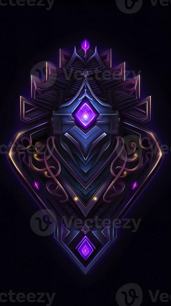 AI generated Amethyst 3D Minimalist Shield Design with a black or dark background with neon lines. AI Generative photo