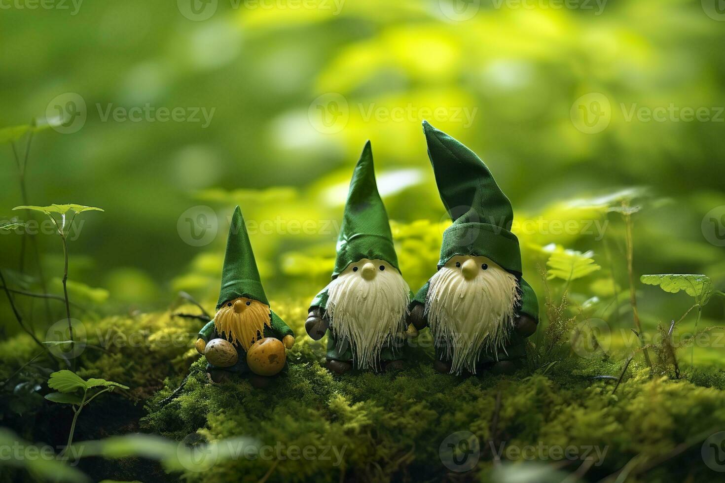 AI generated Toy Irish gnomes in a mystery forest, abstract green natural background. Generative AI photo