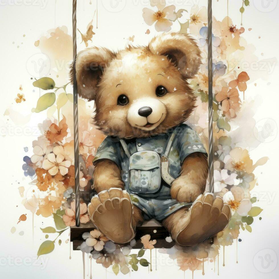 AI generated A cute happy teddy bear swings on a tree on a white background. AI Generated photo