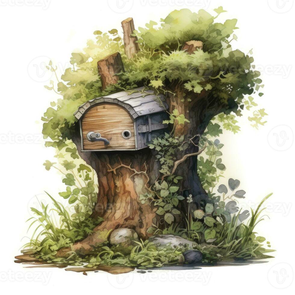 AI generated Watercolor mailbox in a tree on a white background. AI Generated photo