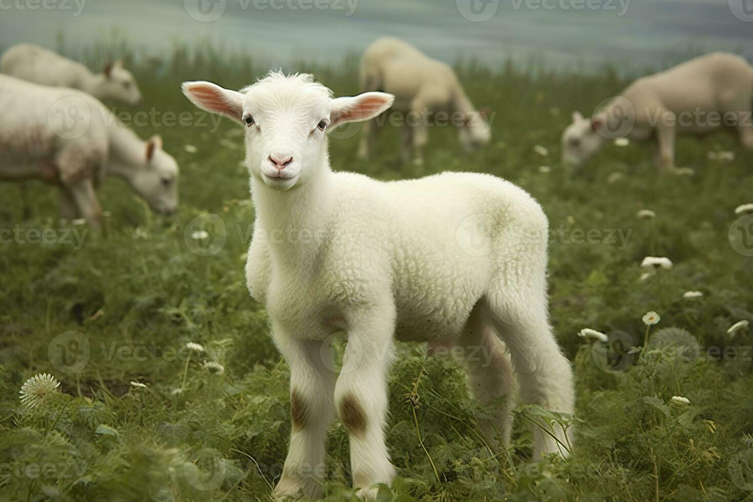 ai generado blanco Cordero en un campo en frente de otro animales generativo ai foto