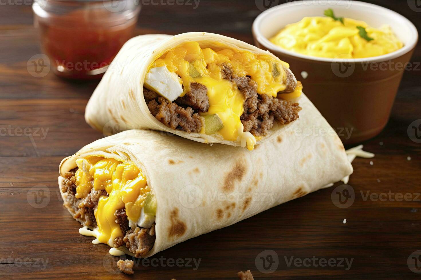 AI generated Breakfast burrito with sausage, eggs, hashbrown and cheese. AI Generated photo